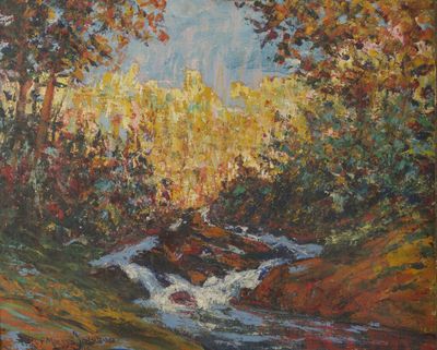 une peinture à l'huile représentant un ruisseau traversant une forêt remplie d'arbres