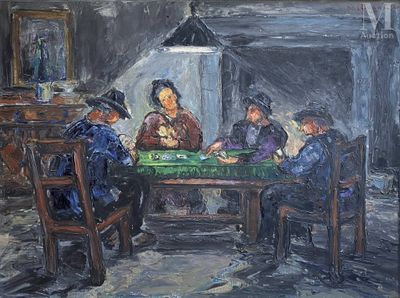 tableau représentant un groupe de personnes assises autour d'une table en train de jouer aux cartes