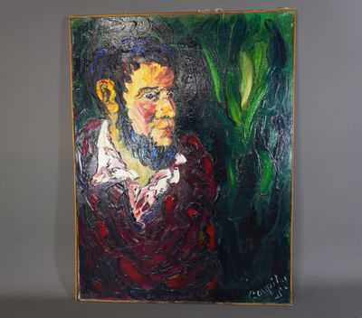 un tableau représentant un homme barbu vêtu d'une chemise rouge