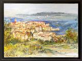 une peinture à l'huile représentant une vue d'une ville au bord de l'eau