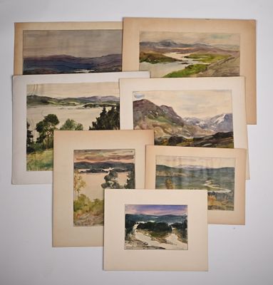 several watercolor paintings of mountains and a river are displayed on a wall