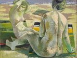 painting of two nudes sitting on a bench in a field
