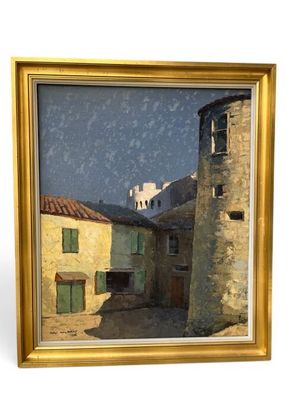 tableau représentant une scène de rue avec des bâtiments et une tour horloge