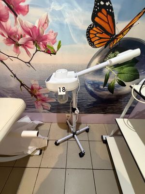 une photo d'une pièce avec une chaise et un papillon sur le mur