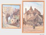 deux tableaux représentant de vieux bâtiments et une rue avec des passants
