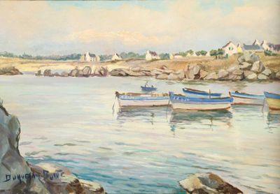 tableau représentant des bateaux sur l'eau près d'un rivage rocheux