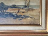 a picture of a painting of a man and a horse on the beach