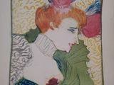 a drawing of a woman with red hair in a green dress