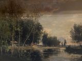 un tableau représentant une rivière avec des arbres au premier plan