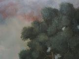 an oil painting of cows grazing in a field under a cloudy sky
