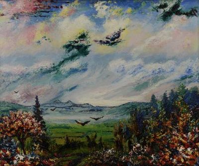 painting of a painting of a landscape with birds flying in the sky