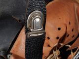 a close up of a pair of shoes with a leather strap