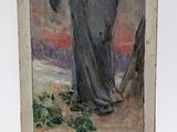an old painting of a woman in a white dress holding a cane