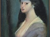 portrait of a woman in a gray dress by a window