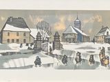 tableau représentant une scène hivernale avec des personnes marchant dans la neige