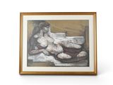 painting of a nude woman sitting on a bed with her legs crossed