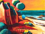 a painting of a house on the beach by the ocean