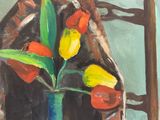 a painting of flowers in a vase on a table