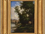 peinture d'un paysage avec une rivière et des arbres au premier plan