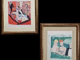 two framed paintings of a woman and a man sitting on a couch