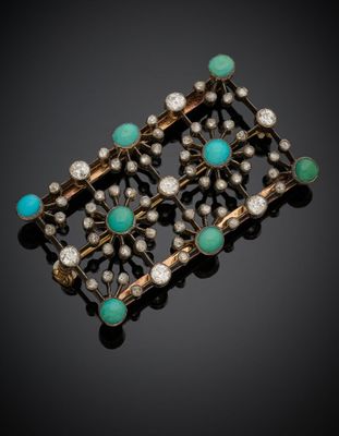 une broche en or, turquoise et perles