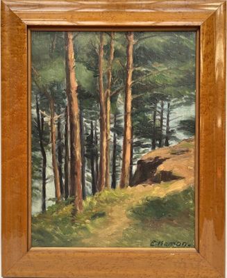 an oil painting of a forest scene with a river in the background