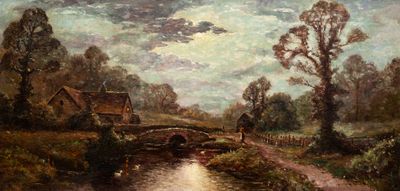 tableau représentant une rivière avec un pont et une maison au loin