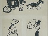 four different pictures of a woman and a horse and carriage