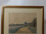 two framed watercolors of a landscape with trees and a road