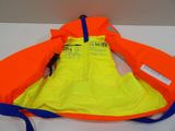 an orange life jacket with a blue strap on a white table