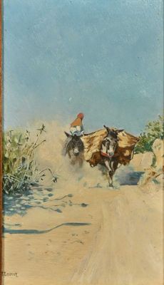 an oil painting of two men riding horses on a dirt road