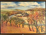 un tableau représentant un paysage avec des arbres au premier plan