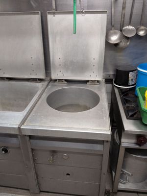 a kitchen with a sink, stove, and pots on the counter