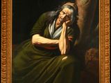 painting of an old woman leaning against a tree with her hand on her chin