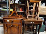 two wooden desks and a sewing machine in a room