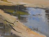 an oil painting of a beach scene with a bird flying over the water