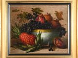 painting of a bowl of fruit with pomegranates and other fruits on a table