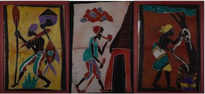 three paintings of african people painted on a wall in different colors