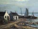 a painting of a boat in the water near a house