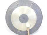 un grand disque métallique muni d'un manche en bois, sur fond blanc