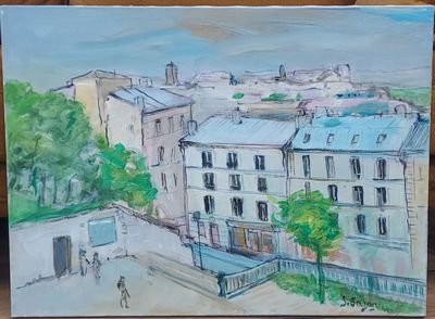 tableau représentant une vue de la ville depuis la fenêtre d'un immeuble