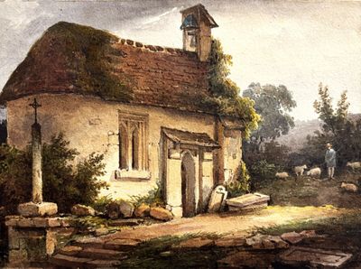 une peinture représentant un petit bâtiment surmonté d'une tour horloge