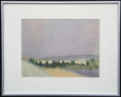 an image of a painting of a landscape with trees in the foreground