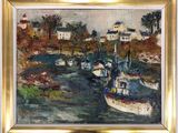 un tableau représentant des bateaux dans un port, avec des maisons en arrière-plan