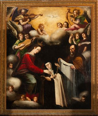 une image représentant un tableau où l'on voit une femme tenant un bébé dans ses bras devant un groupe d'anges