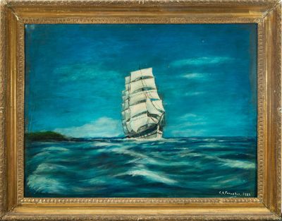 an oil painting of a sailboat sailing in the ocean