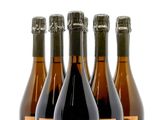 six bouteilles de vin sont alignées sur une surface blanche