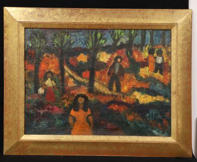a picture of a painting of people walking in the woods