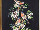 painting of three birds sitting on a branch of a tree with white flowers
