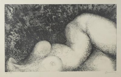 dessin représentant une femme nue allongée sur le ventre dans l'herbe